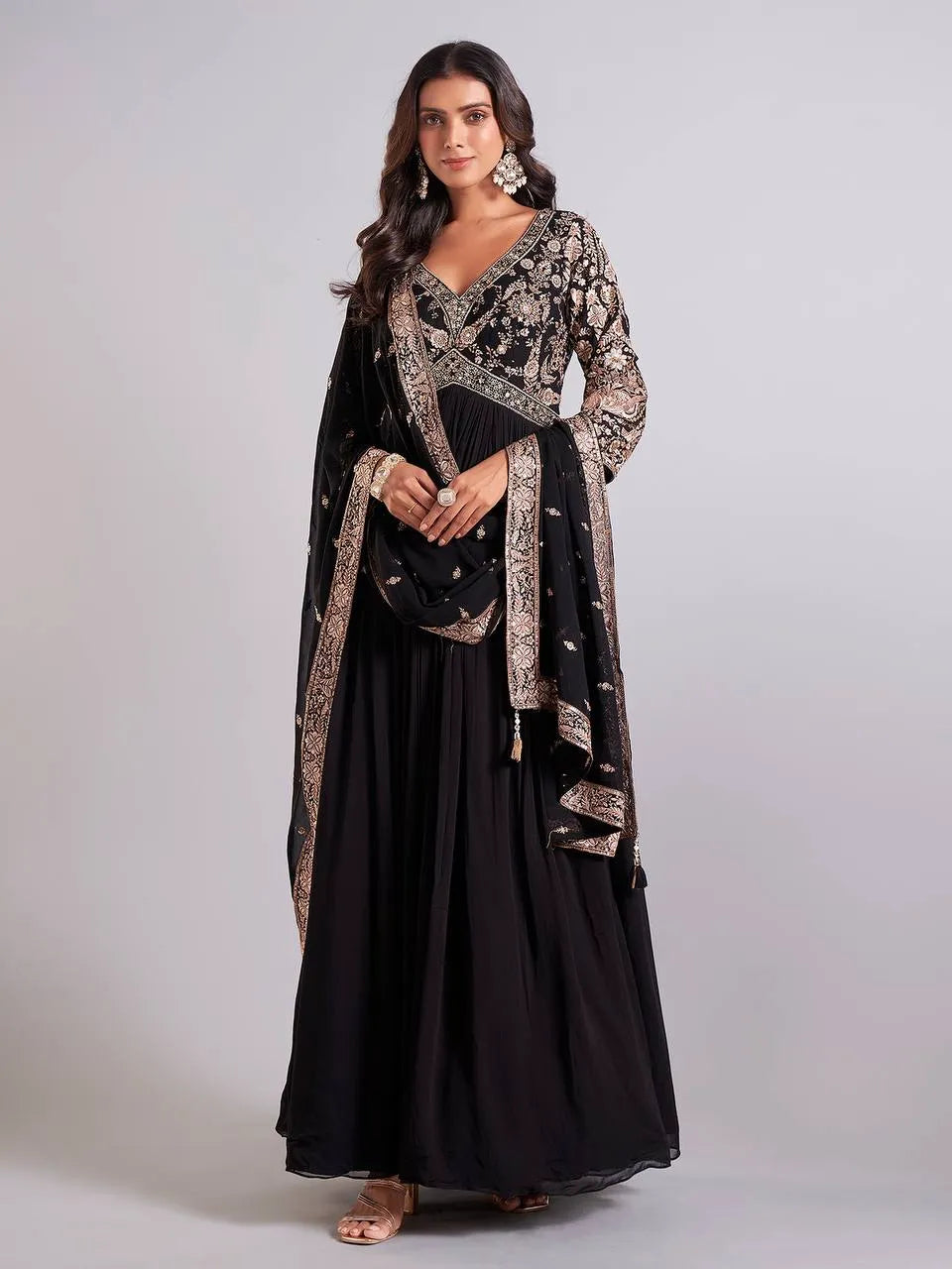 Party Wear Georgette Gown | Embroidery Sequins Designer Gown with Dupatta